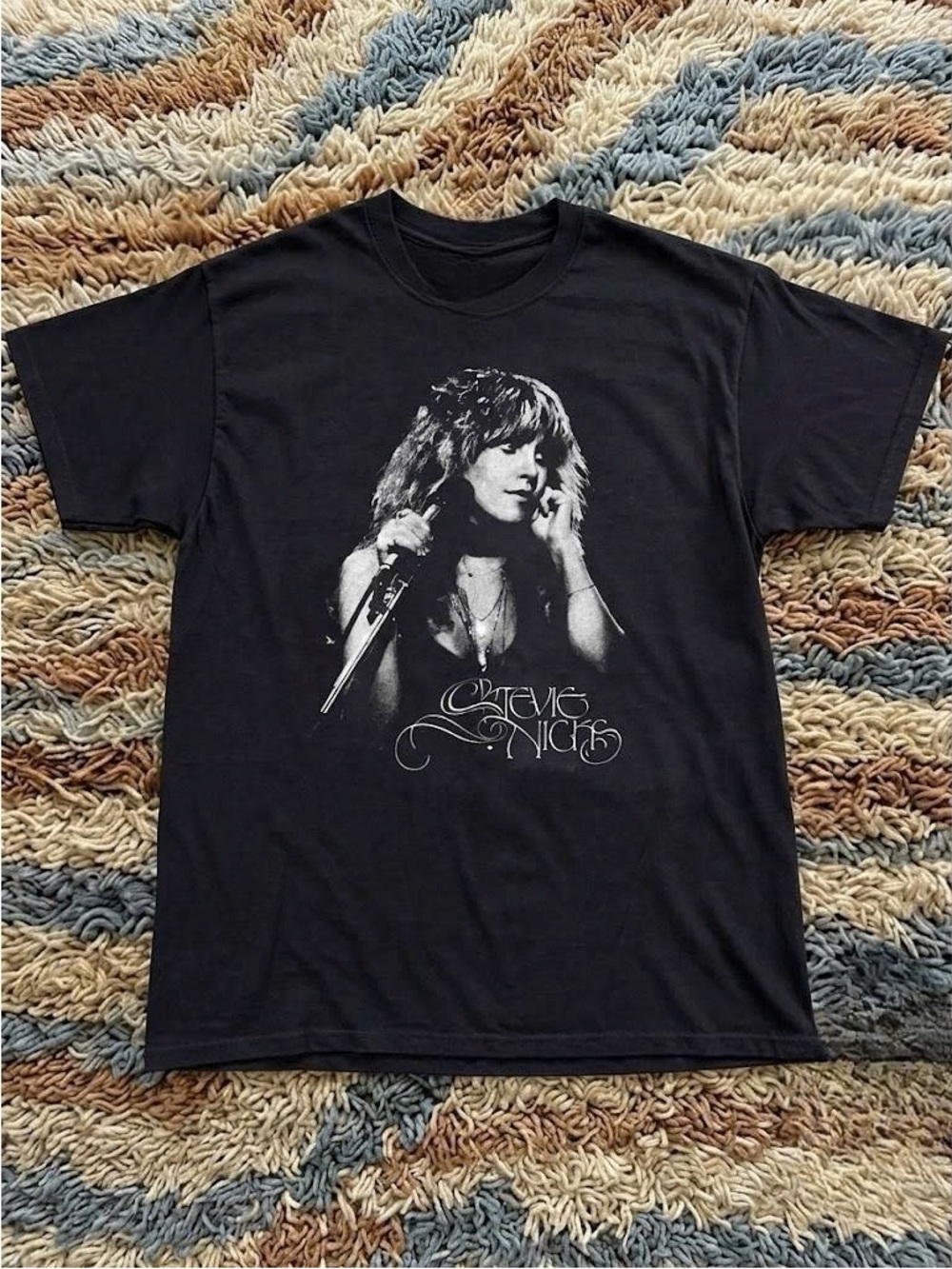 Vintage Black Tee with White Stevie Nicks Portrait Print